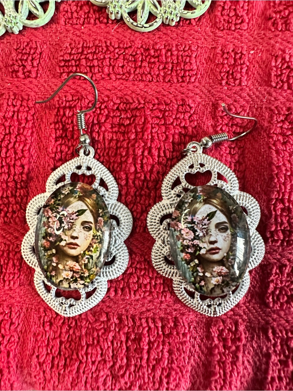 Source Unknown Silver Floral Portrait Drop Earrings with Pink Accents